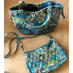 Vera Bradley Peacock Paisley Retired Tote & Crossbody Turquoise Green Boho Lot 2
